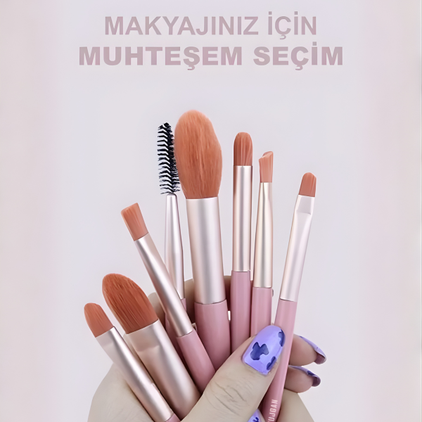 8'li Kiremit Renkli Fırça Pembe Kılıflı Makyaj Fırça Seti