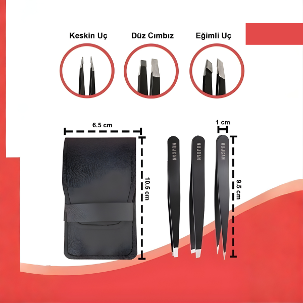 Profesyonel 3'lü Siyah Deri Çantalı Cımbız Seti