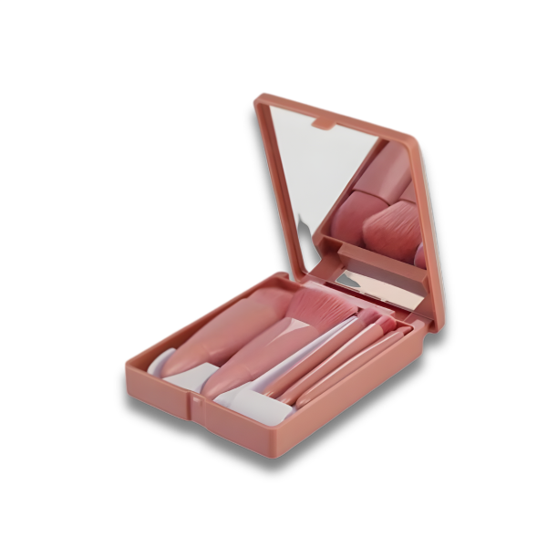 Taşınabilir Aynalı 5'li Makyaj Fırça Seti Göz Farı, Fondöten, Allık Karıştırma, Makyaj Fırçaları