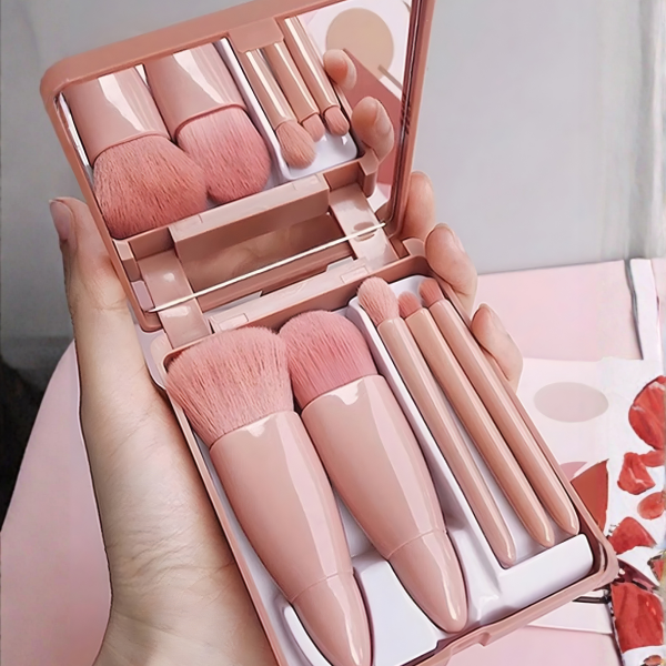 Taşınabilir Aynalı 5'li Makyaj Fırça Seti Göz Farı, Fondöten, Allık Karıştırma, Makyaj Fırçaları