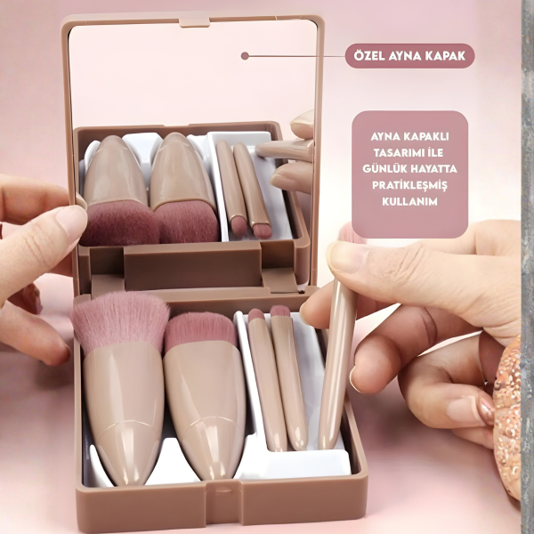 Taşınabilir Aynalı 5'li Makyaj Fırça Seti Göz Farı, Fondöten, Allık Karıştırma, Makyaj Fırçaları