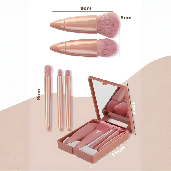 Taşınabilir Aynalı 5'li Makyaj Fırça Seti Göz Farı, Fondöten, Allık Karıştırma, Makyaj Fırçaları