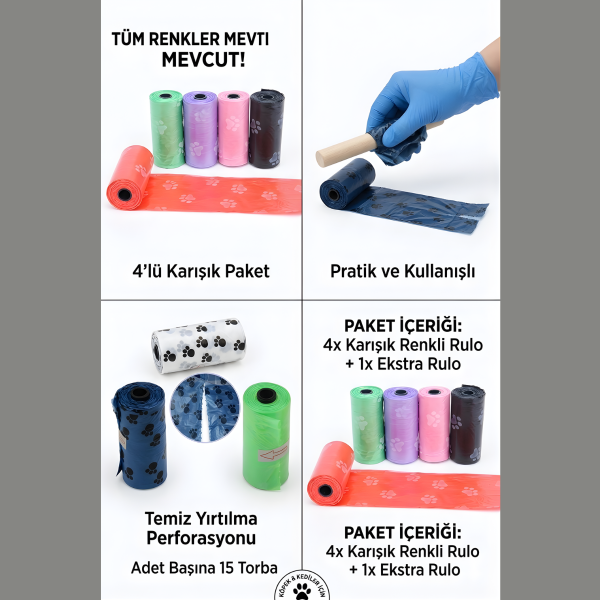 4 Lü Rulo Evcil Hayvan Köpek Dışkı Toplama Kaka Rulosu Torbası Poşeti Kedi Köpek Temizlik Dışkı Rulo