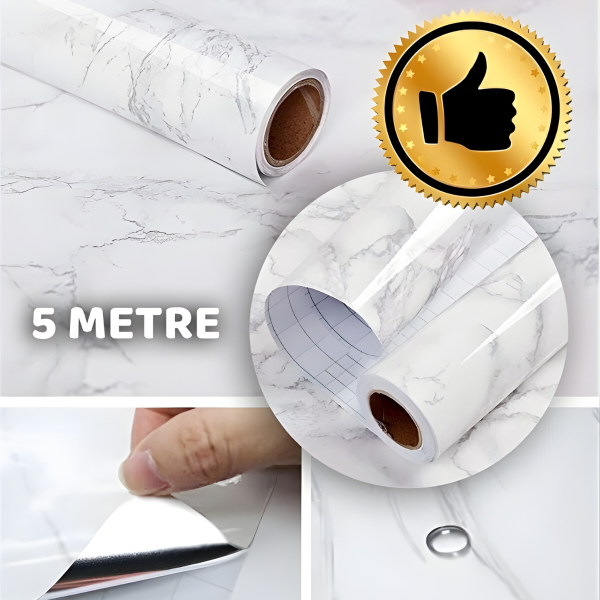Mermer Desenli Beyaz Folyo Kaplama 5 Metre Tezgah Dolap Mutfak Kağıdı Yapışkanlı