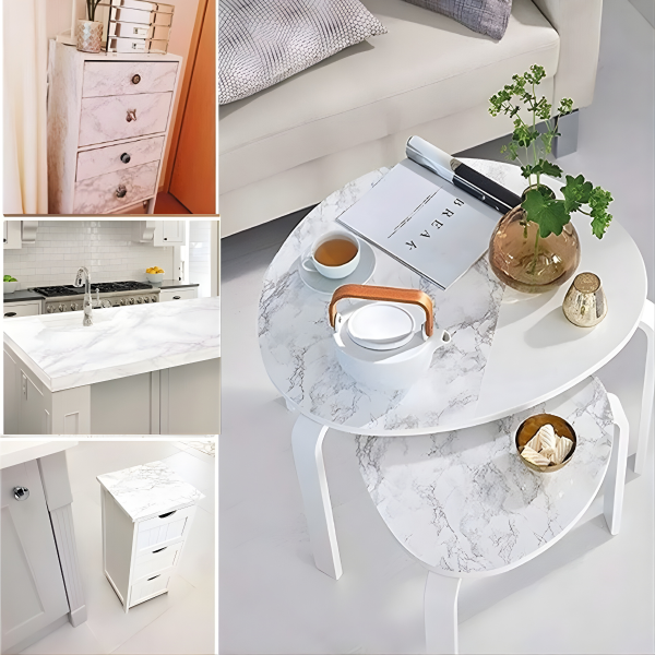 Mermer Desenli Beyaz Folyo Kaplama 5 Metre Tezgah Dolap Mutfak Kağıdı Yapışkanlı